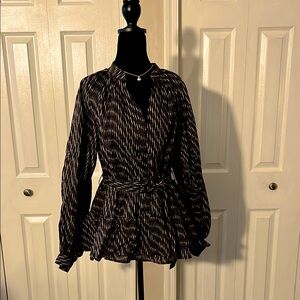 Banana Republic Brown, Black, and Cream Peplum Blouse with same fabric belt
